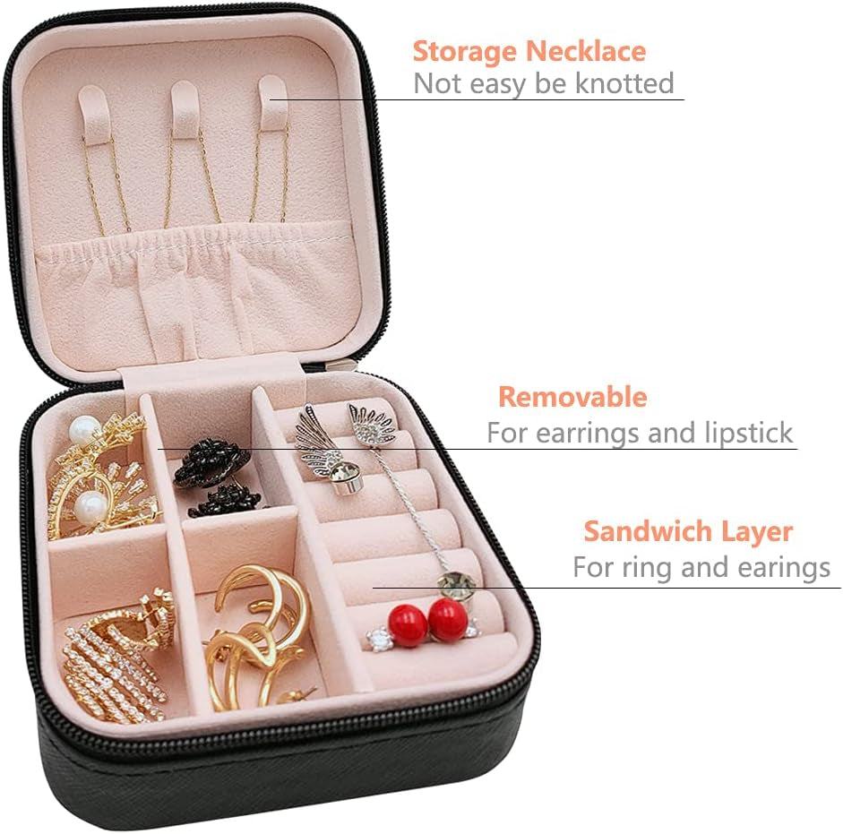 Mini Jewelry Travel Case, Small Portable Jewellry Organizer Box Portable Display Storage Box for Rings Earrings Necklaces, Gifts for Girl, Women, Wedding, Birthday, Mom, Mother'S Day (Black)